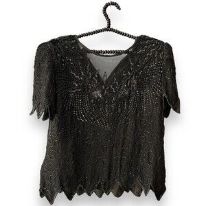 80s Vintage LAURENCE KAZAR Beaded Silk Top Pullover Blouse XL Black Holiday